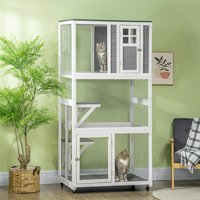 Pawhut 74\" Wooden Outdoor Cat House Weatherproof & Wheeled, Catio Outdoor Cat Enclosure With High We