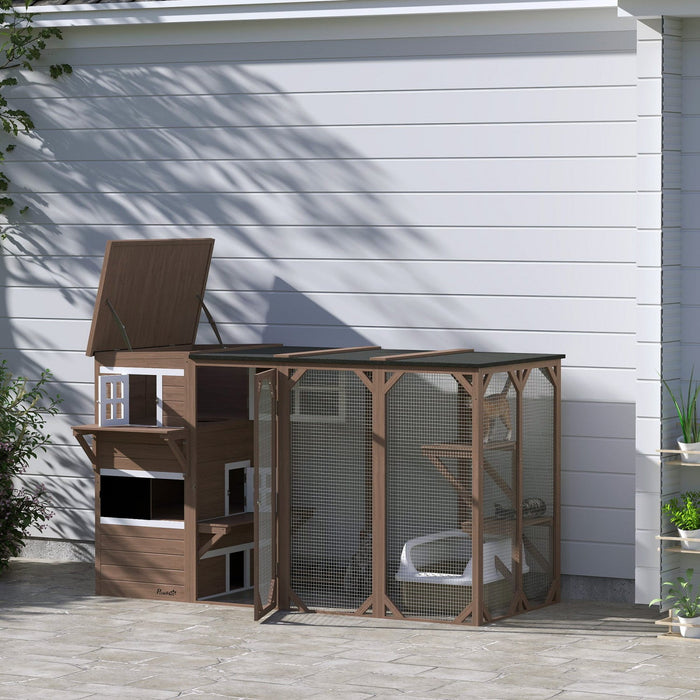 Pawhut Wooden Cat Catio, 76"l Walk In Outdoor Cat House With Asphalt Roof, Platforms, Lockable Doors, 3-tier Resting Condo, Observation Window, For 2-3 Cats, Brown
