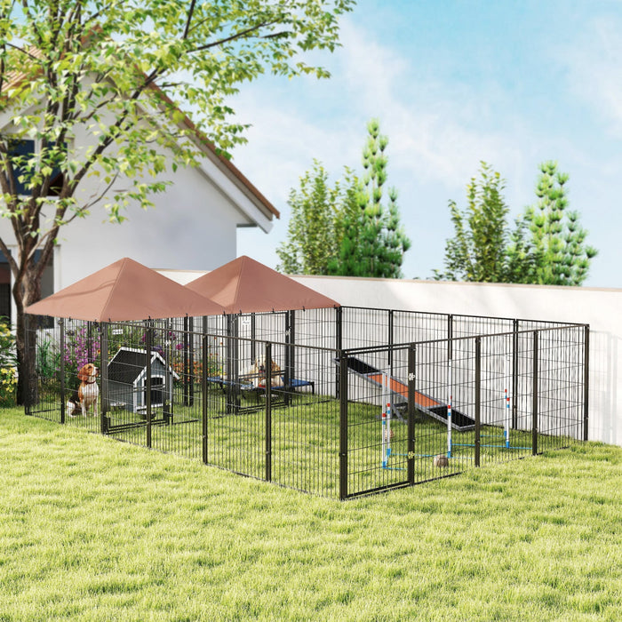 PawHut Outdoor Dog Kennel with 2 Rooms, Heavy Duty Dog Run with Rotating and Adjustable Height Bowls, Waterproof UV-Resistant Cover for Large Breeds, Ducks, 13.5' x 9.5' x 5'