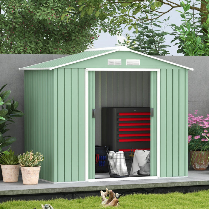 Outsunny 7' X 4' X 6' Garden Storage Shed Outdoor Patio Yard Metal Tool Storage House W/ Steel Foundation Kit And Double Doors, Light Green