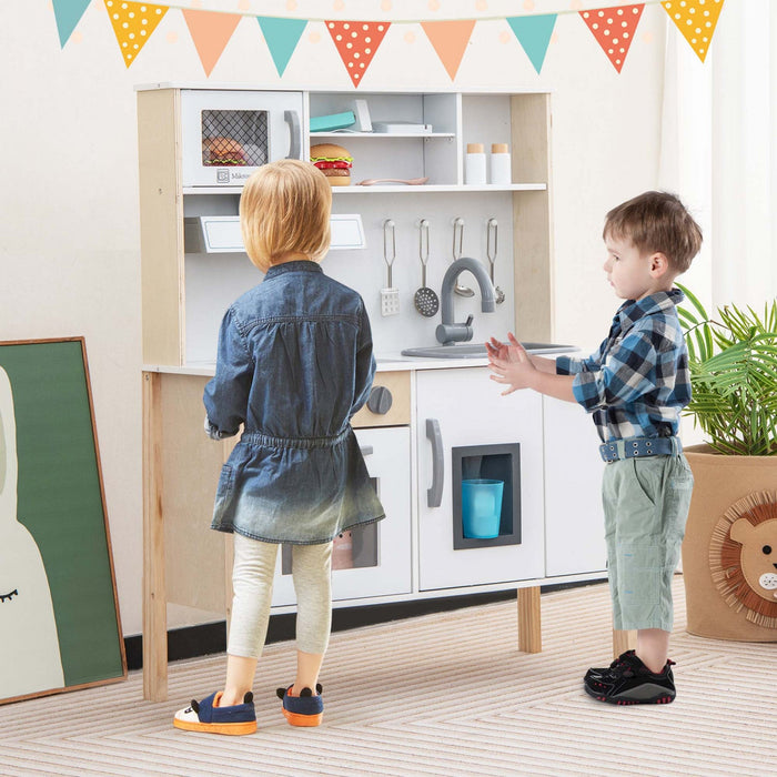 Costway Kids Kitchen Playset Wooden Pretend Play Chef Toy W/ Microwave & Accessories