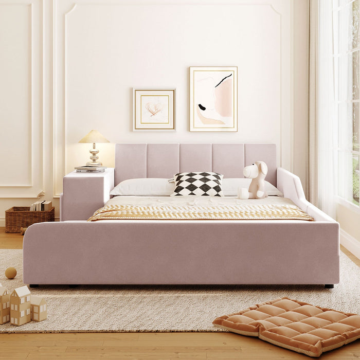 Lily Velvet Upholstered Grounded Bed with Desk and Stool,Full Size,Pink Full Bed  