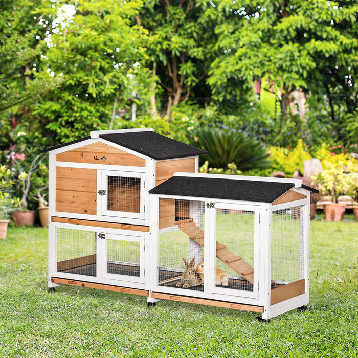 Pawhut 62\" Wooden Rabbit Hutch, Bunny Cage With Wheels, Run Box, Tray, Ramp For Small Animals, Guine