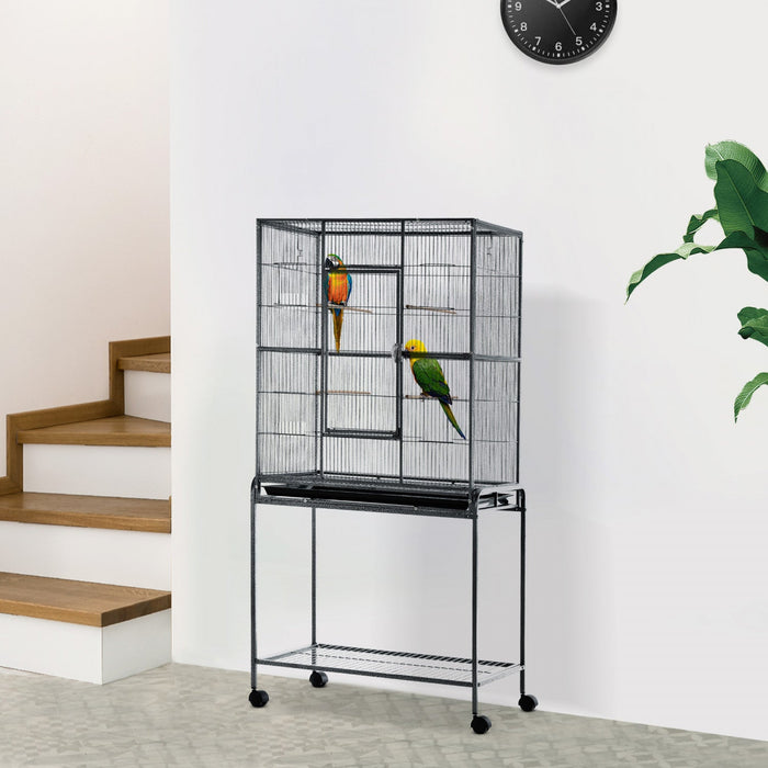 Pawhut 64\" Large Bird Cage, Rolling Metal Parrot Cage, Bird House With Detachable Rolling Stand, Sto