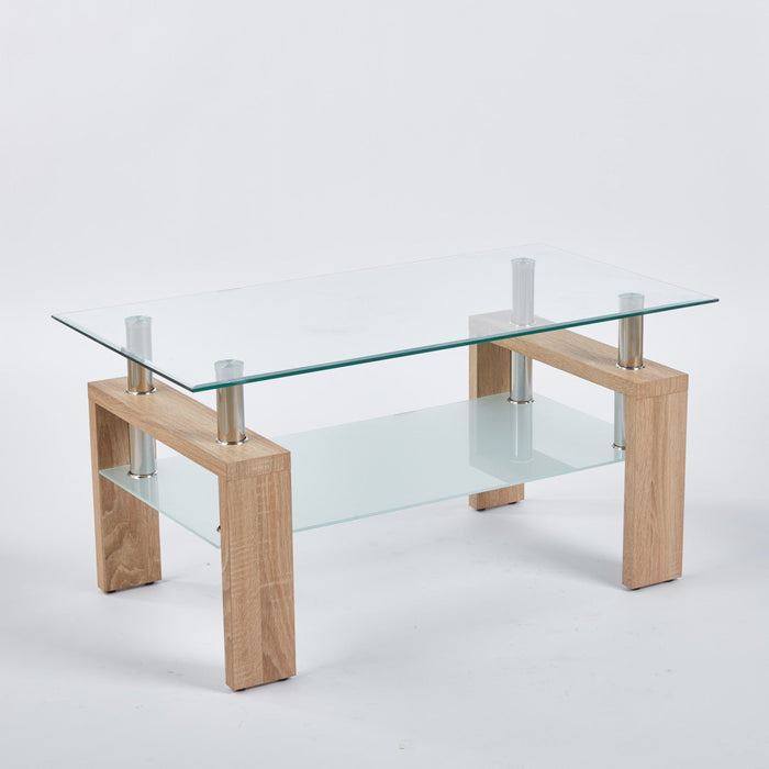 Lucius Modern Geometric Design Tempered Glass Coffee Tablewith Metal Frame and Clear Glass,Natural  