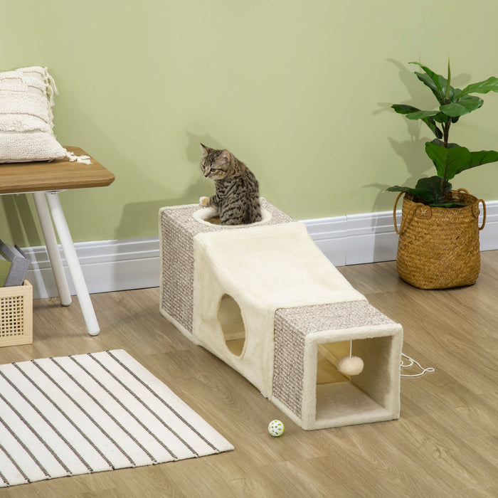 Pawhut 39" Long Cat Tunnel With Hanging Ball, Plush Catio Outdoor Cat Enclosure With Two Caves, Cream White