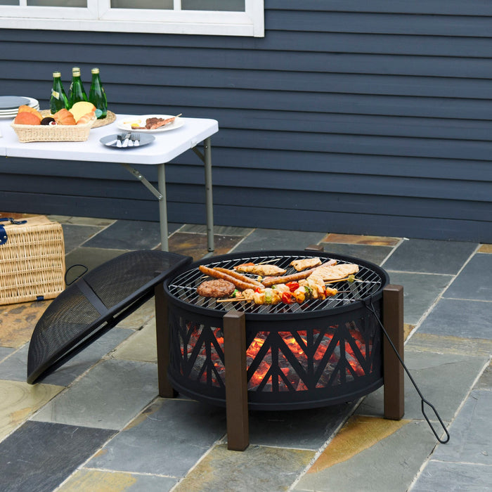 Outsunny 31" Fire Pit, 2-in-1 Wood Fire Pit Brazier With Lid, Grill, Black