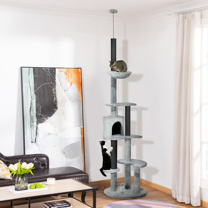 Pawhut Floor To Ceiling Cat Tree For Large Cats, 89\"-100\" Adjustable Height Cat Climbing Tower W/ Ha
