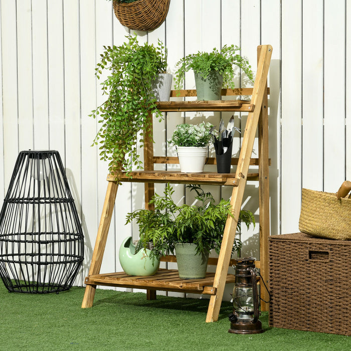 Outsunny Outdoor Plant Stand, Foldable Flower Stand 3-tier Wooden Plant Shelf For Garden Indoor Outd