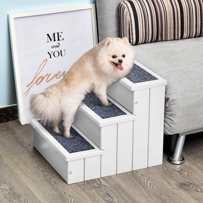 Pawhut Pet Steps 3-step Dog Stairs For Small Dogs Cats And Wooden Ramp With Storage Box Carpet Tread