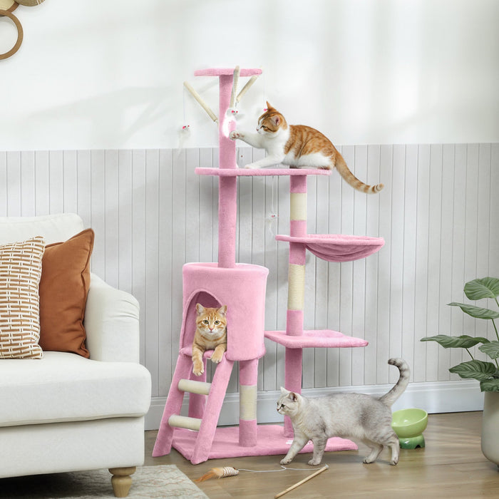 PawHut Cat Tree, 53" Cat Tower for Indoor Kittens with Sisal Scratching Posts, Plush Perches, Condo, Hammock, Ladder, Dangling Toys, Multi-Level Kitty Activity Centre, Pink