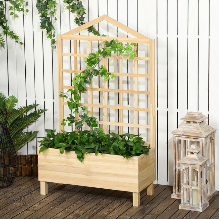 Outsunny Raised Garden Bed With Trellis For Climbing Plants, 59 Inch Wooden Box Planters For Outdoor
