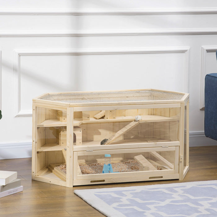 Pawhut Wooden Large Hamster Cage Mouse Rats Small Animal Exercise Play House 3 Tier With Tray, Seesa
