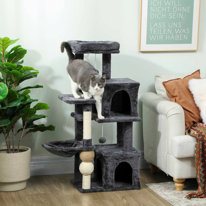Pawhut Cat Tree, 42" Cat Tower For Indoor Cats Multi-level With Padded Plush Perch, Cozy Hammock, 2 Door Condos, Scratching Posts, Toy Balls, Dark Grey