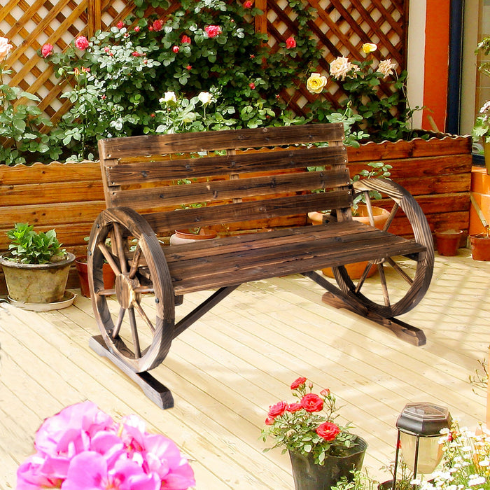 Outsunny 42" Wood Wagon Wheel Bench Garden Loveseat Rustic Seat, Brown