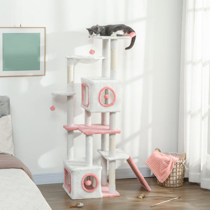 PawHut Cat Tree for Indoor Large Adult Cats, 65 Inch Kitty Tower Multi-Level with 2 Doors Condos, Plush Top Perch, Hammock, Sisal Scratching Posts, 4 Pompoms, Ramp, White