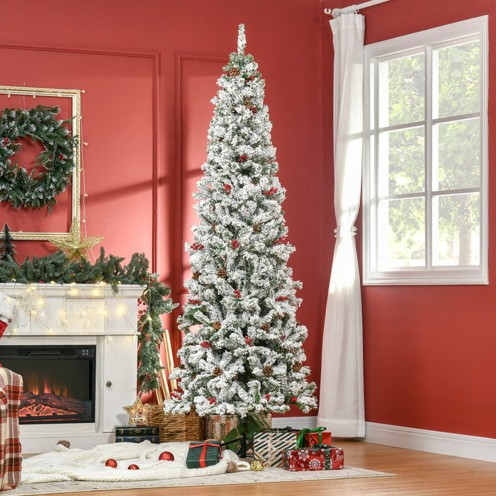 Homcom 7.5ft Snow Artificial Christmas Tree W/ Pine Cone, Red Berry