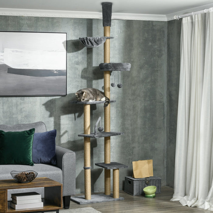 Pawhut floor To Ceiling Cat Tree, 90.5" - 98.5" Adjustable height Cat Tower with Scratching Post, Dangling Balls, Platforms, Bed, Hammock, Grey
