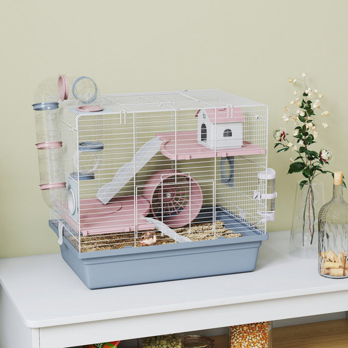 PawHut Hamster Cage, 3-Level Small Animal House with Excerise Wheel, Food Bowl, Water Bottle, House, Tunnels, Ramps, Gerbil Cage for Dwarf Hamster, 19" x 13" x 17", Blue