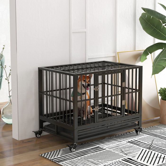 Pawhut Heavy Duty Steel Dog Crate Kennel Pet Cage With Wheels For Portability And A Door For Convenient Access Anti-pinching Floor, 36.2" L X 24.4" W X 30.7" H, Grey