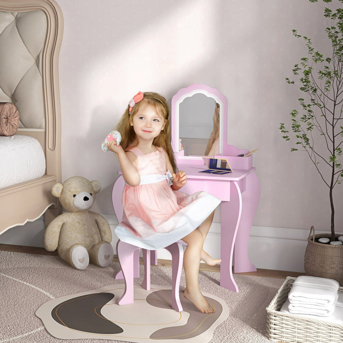 Qaba Kids Vanity Set With Mirror And Stool, Makeup Vanity Table For Children 3-6 Years Old, With Dra