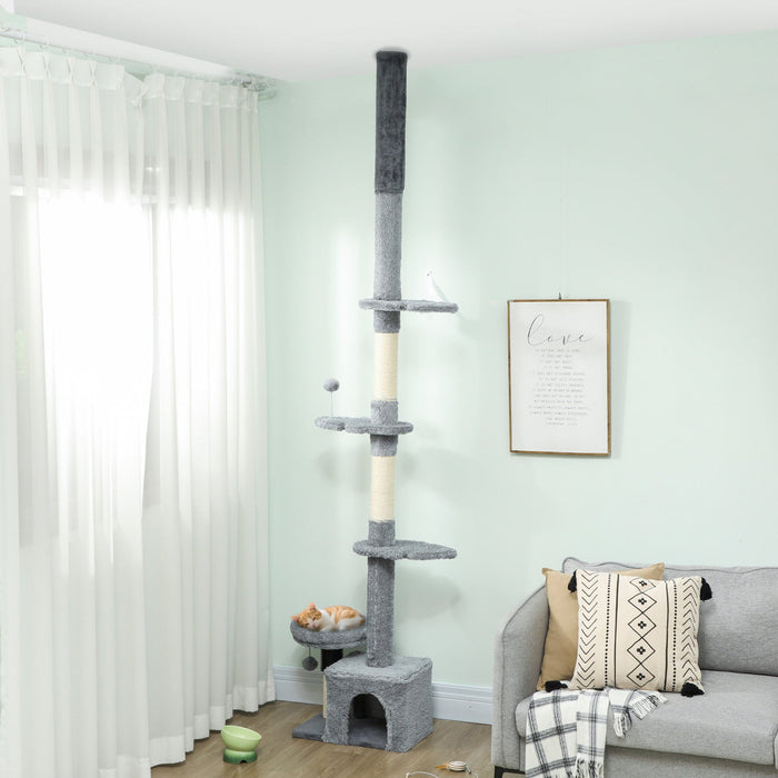 PawHut Floor to Ceiling Cat Tree, 4 Tiers Cat Tower, Adjustable Height 89-100", Tall Kitty Climbing Tower w/ Scratching Post, Condo, Bed, Perches, Dangling Ball for Indoor Kittens
