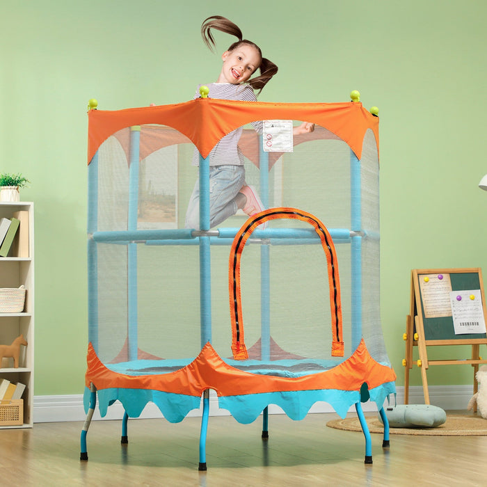 Qaba Trampoline for Kids, 4.6FT Toddler Trampoline Indoor Outdoor Mini Recreational Trampoline with Handlebar, Safety Enclosure Net, Birthday Gifts for Boy Girl, Blue