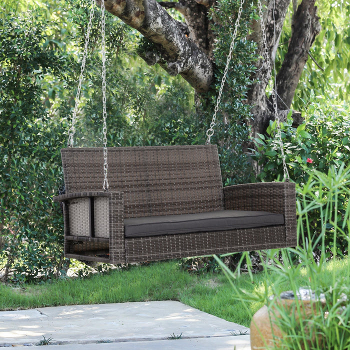 Outsunny 2-person Patio Porch Swing Chair, Outdoor Rattan Hanging Bench With Cushion & 7.2 Ft Steel 