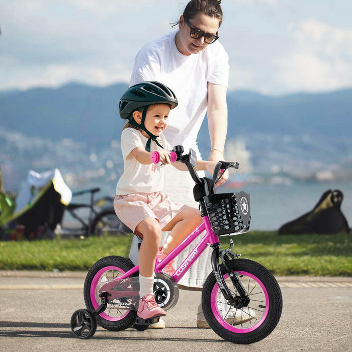 Costway 12" Kid's Bike With Training Wheels Adjustable Handlebar & Seat Handbrake Pink