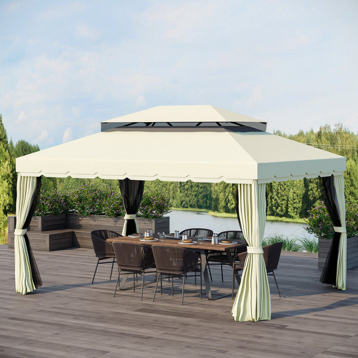 Outsunny 10 X 13ft Aluminum Frame Gazebo Canopy Double Tier Garden Shelter With Netting And Curtains