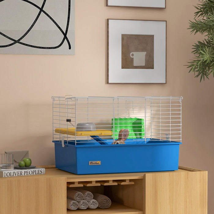 Pawhut 28" L Rabbit Cage, Large Guinea Pig Cage Small Animal Cage With Water Bottle, Food Dish, Platform, Ramp, For Ferret, Chinchilla, Blue