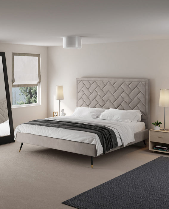 Crosby Modern Upholstered Velvet King Bed in Greige 