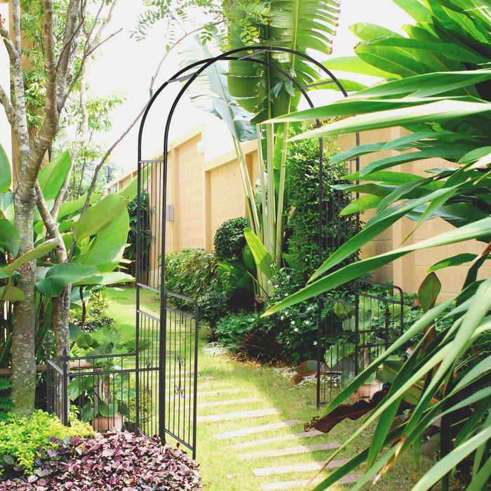 Outsunny 7.2ft Metal Garden Arbor Arch With Double Doors, 2 Side Planter Baskets, Climbing Vine Fram