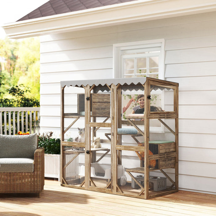 Pawhut Catio, Outdoor Cat Enclosure With Waterproof Cover, 2 Relaxing Condo, 5 Platforms, Wooden Cat House Window Box For Multiple Kittens, 59" X 28" X 59", Brown