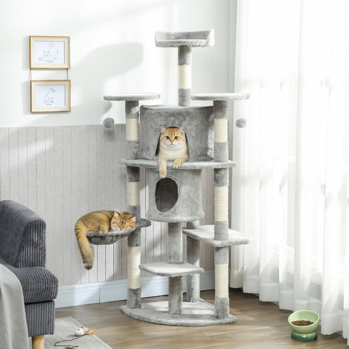 PawHut Cat Tree, 62" Multi-Level Cat Tower with Scratching Posts, 2 Condos, Hammock, Perches, Plush, Pompoms, for Indoor Kittens Playing, Resting, Sleeping, Light Grey