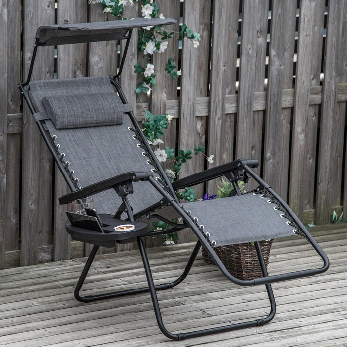 Outsunny Foldable Lounge Chair With Canopy Shade, Side Tray, Cup Holder