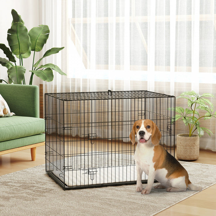 PawHut Dog Crate, 35" Folding Metal Dog Kennel with 2 Doors, Removable Tray, Soft Cushion, Handle, Pet Cage for Large Medium Breeds, Black