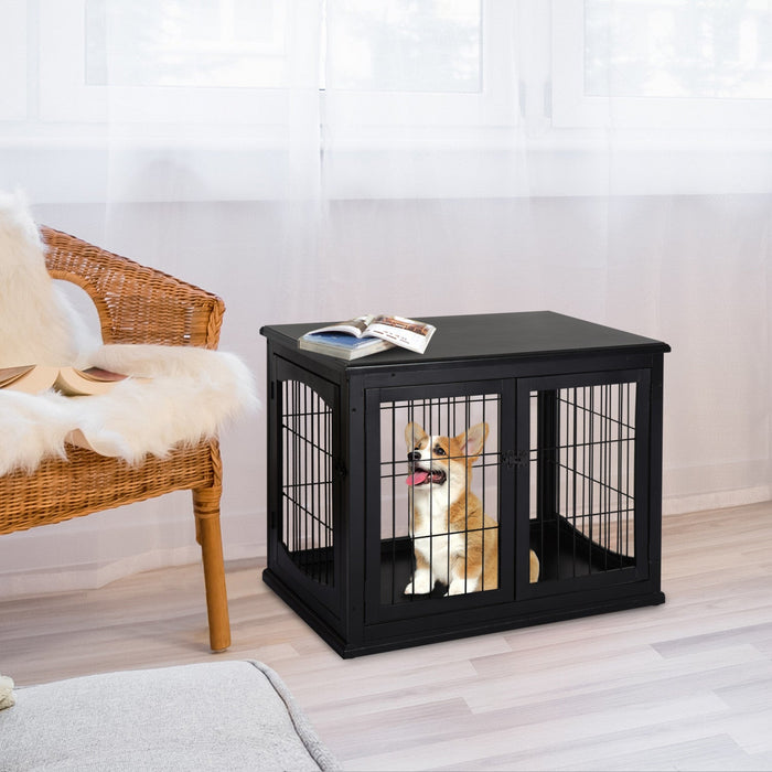 Pawhut 32\" Wooden Dog Crate Furniture Dog Cage, Modern Side Table Pet Kennel With Double Lockable Do