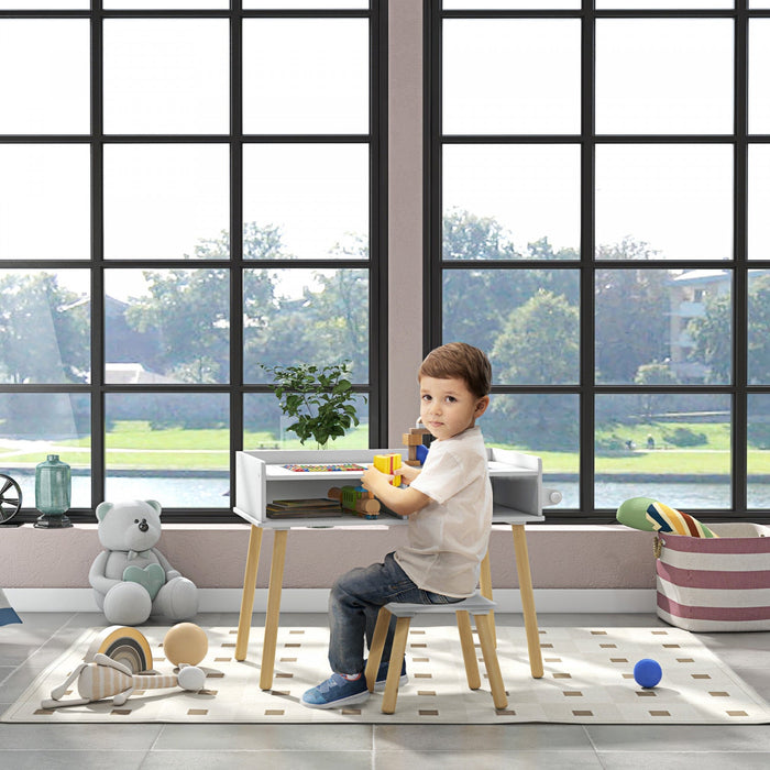 Qaba Kids Table And Chair Set, 3 In 1 Toddler Activity Table With Building Blocks Board, Paper Roll,
