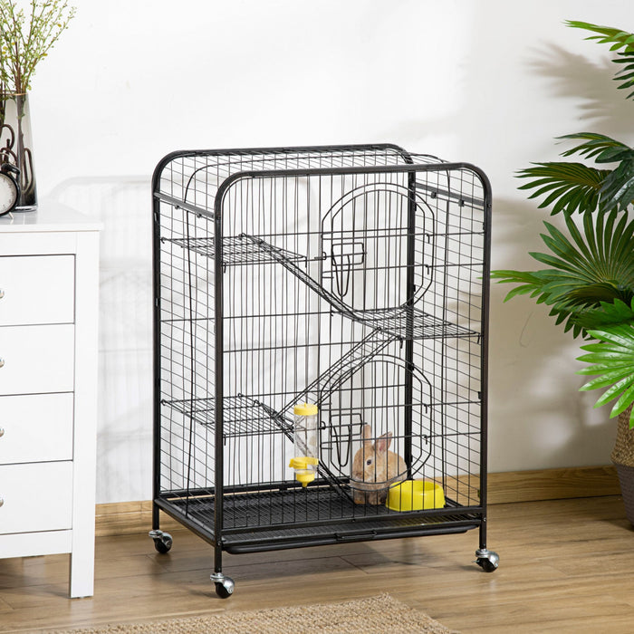 Pawhut 4-tier Metal Small Animal Cage With Wheels, Metal Bunny Playpen With 2 Doors, Platforms, Ramp
