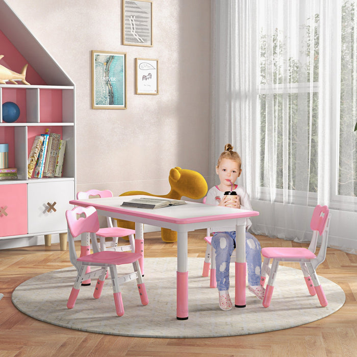 Qaba Kids Table And Chair Set With 4 Chairs, Adjustable Height, Easy To Clean Table Surface, For 1.5
