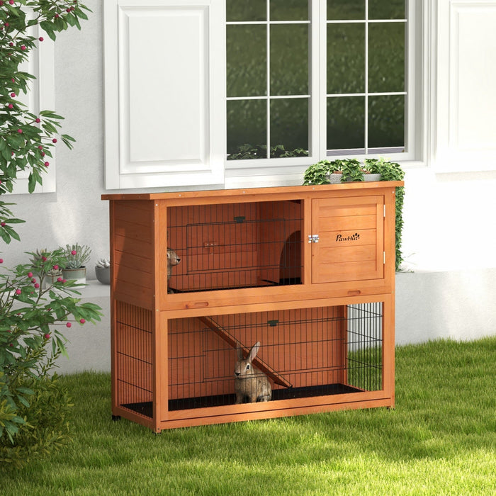 Pawhut Wooden Rabbit Hutch, 2 Tier Outdoor Rabbit Cage With Trays, Ramp, Asphalt Roof, Doors For 1-2