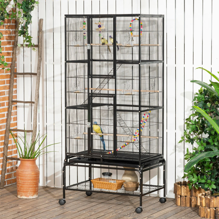 Pawhut 71" Bird Cage, 3 Tier Large Parrot Cage With Wheels, Perches, Ramp, Storage Shelf, Toys For Canaries, Finches, Cockatiels, Parakeets, Black