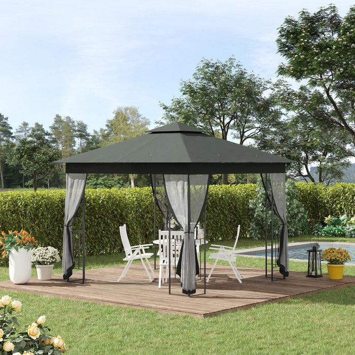 Outsunny 10'x10' Gazebo Canopy Outdoor Patio Sun Shelter Uv Protect W/ 2-tier Polyester Roof Curtain
