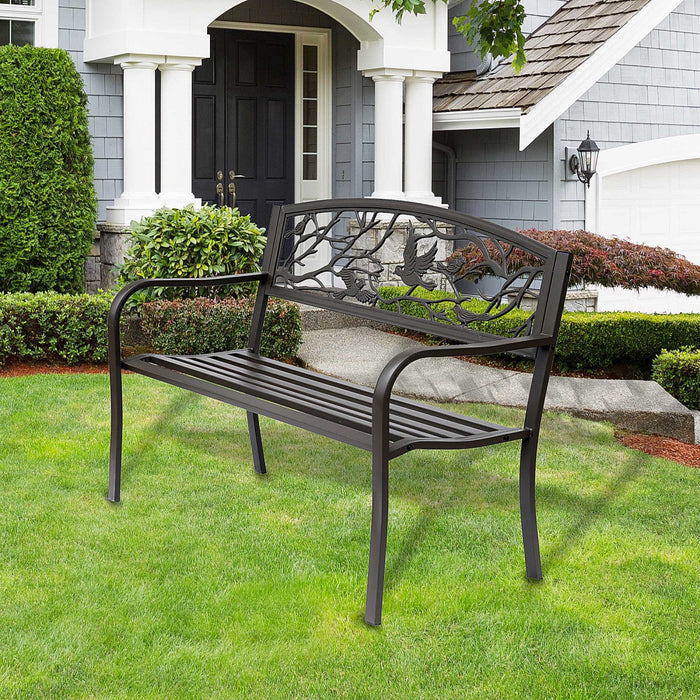 Outsunny 50" Outdoor Metal Garden Bench With Vintage Bird Pattern, Brown