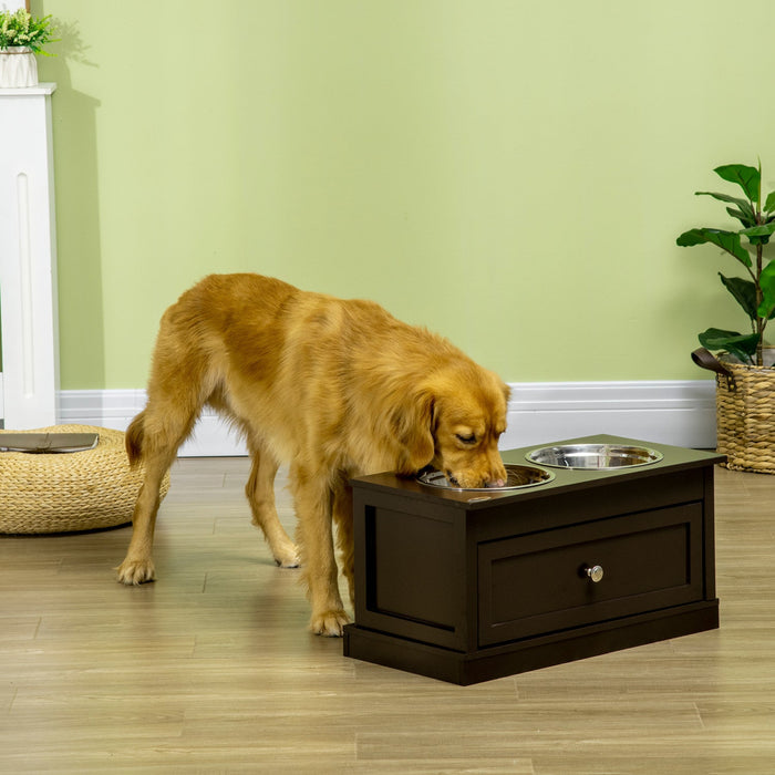 Pawhut Elevated Dog Bowls With Storage Drawer, Raised Dog Bowls With Stand, 2 Stainless Steel Bowls 