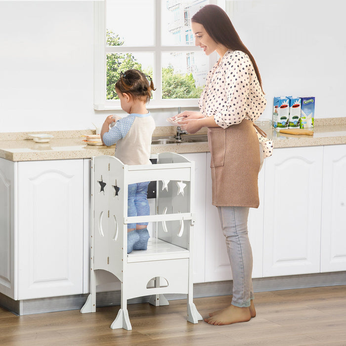 Qaba Kids Kitchen Helper Foldable Step Stool Toddler Kitchen Stool With Blackboard Lockable Handrail