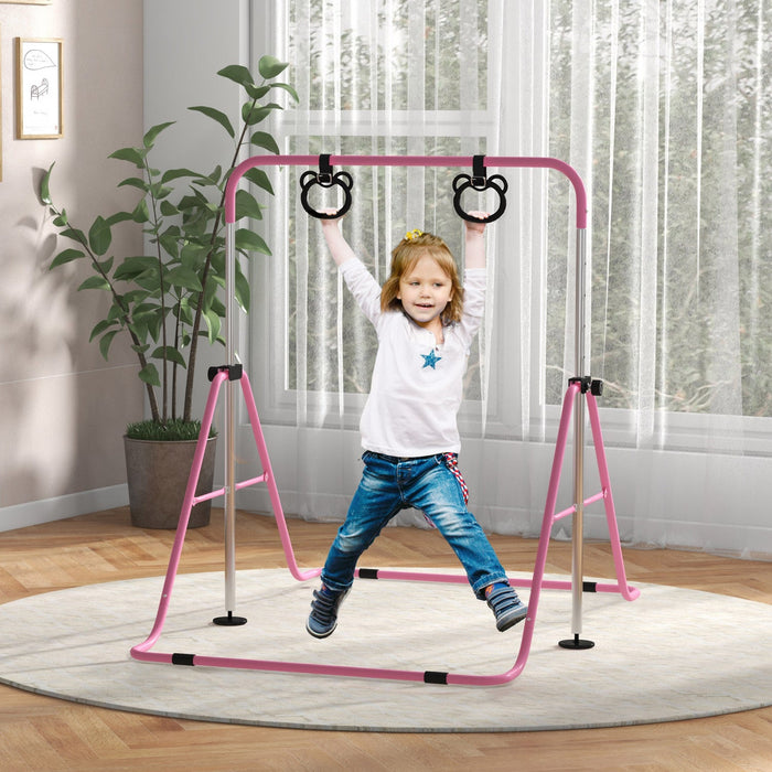 Qaba Gymnastics Bar For Kids, 35"-50" Adjustable Height Foldable Horizontal Bar With Gymnastics Rings, Non-slip Rubber Floor Rings, For Home Training Equipment, Pink