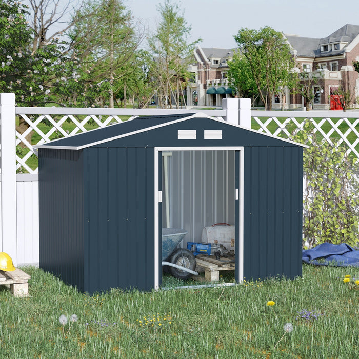 Outsunny 9' X 6' Garden Storage Shed With Floor Foundation, Metal Tool Storage House With Double Doo