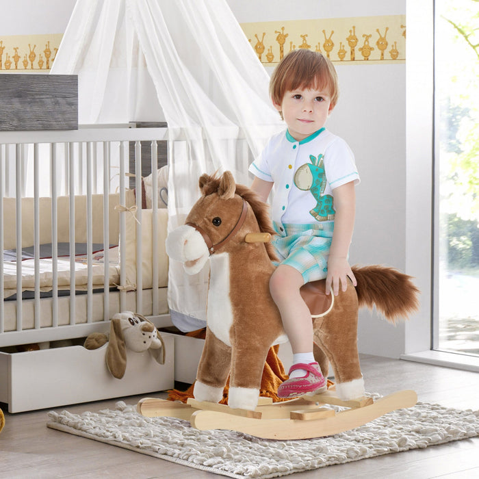 Qaba Rocking Horse Plush Animal On Wooden Rockers With Sounds, Wooden Base, Baby Rocking Chair For 3